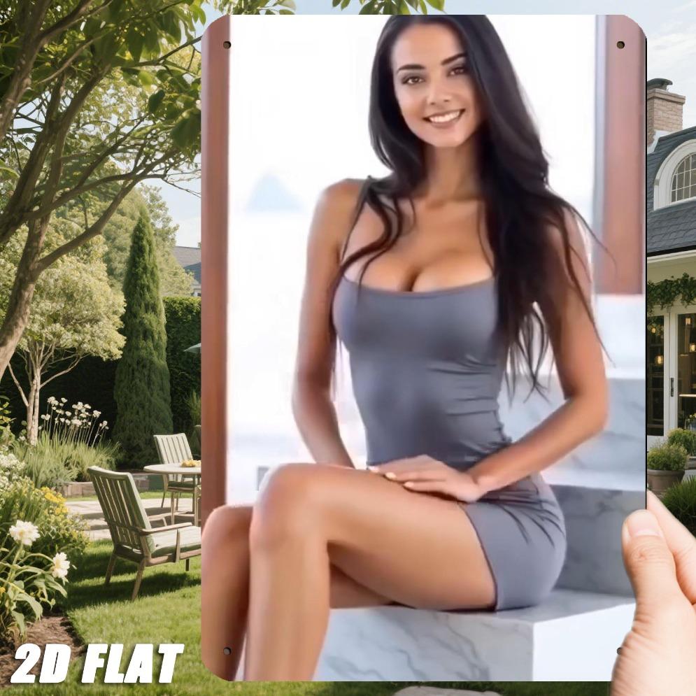 JIT Retro Eisen Metallschild 8 Zoll*12 Zoll Männerhöhle Garage Heimbar Café Wanddekor - 2D Flach 1 Stück Langes Haar Schlank Sitzend Schritt Modell Holzstamm