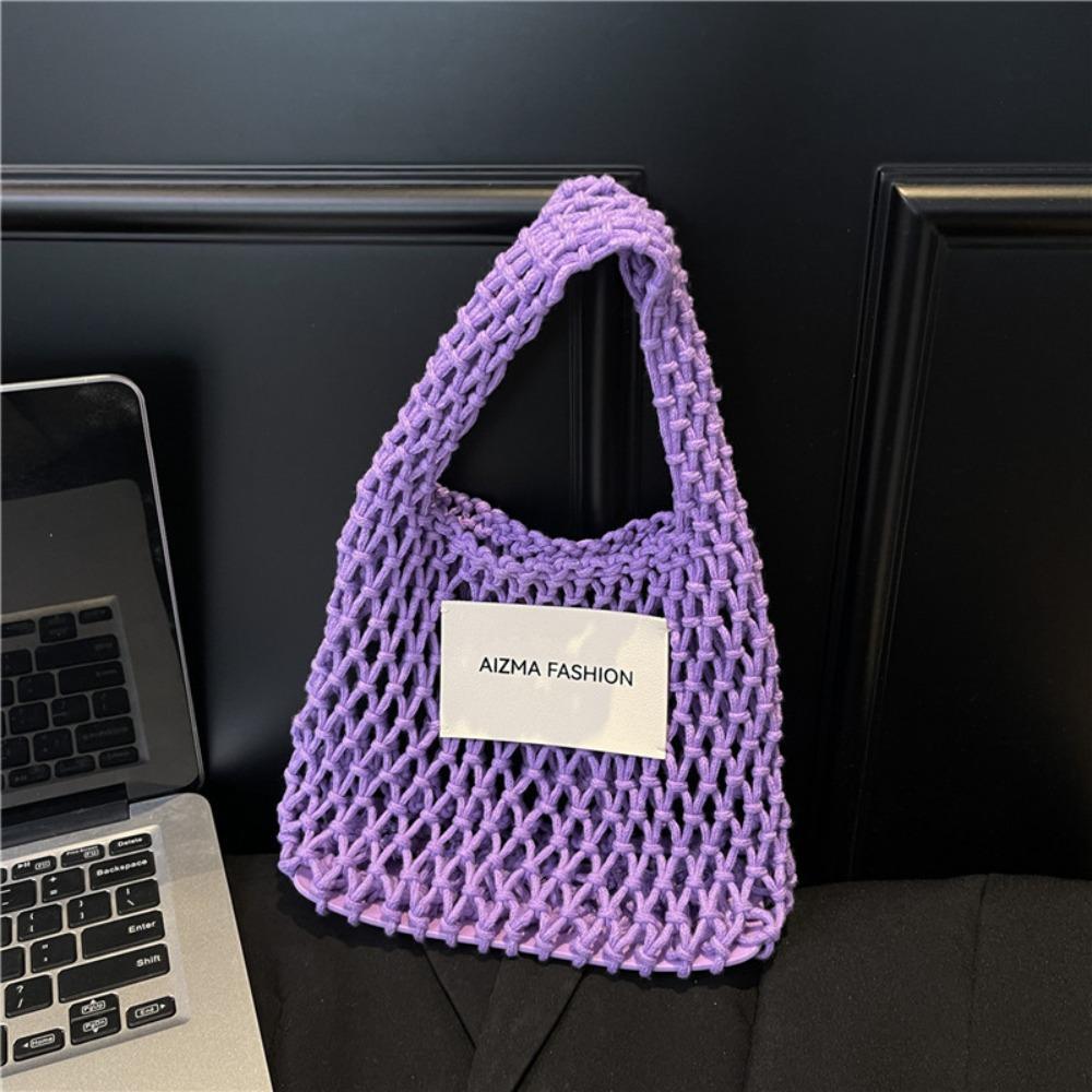 

Solid Color Straw Crochet Bag Leisure Woven Totes Bag New Beach Hollow Handbag Travel фиолетовый