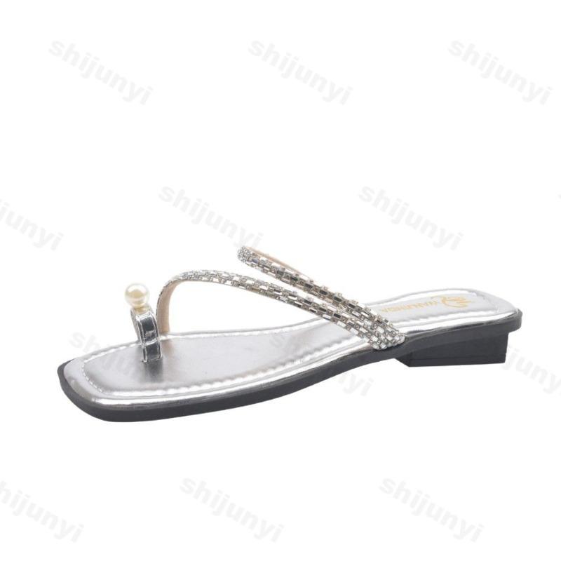 Fashion Summer Women Slippers Pearl Fashion Flat Clip Toe Flip Flops Outdoor Rhinestones Non-slip Beach Slipper Female Square Toe Sandal