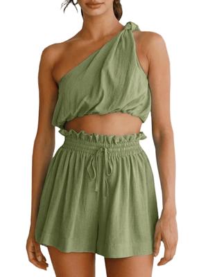 Womens Linen Two Piece Set Crop Top and Paperbag Waist Shorts Outfit
