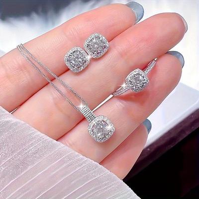 Dreiteiliges Elegantes Luxe Zirkon Halsketten-, Ohrring- und Ring-Set