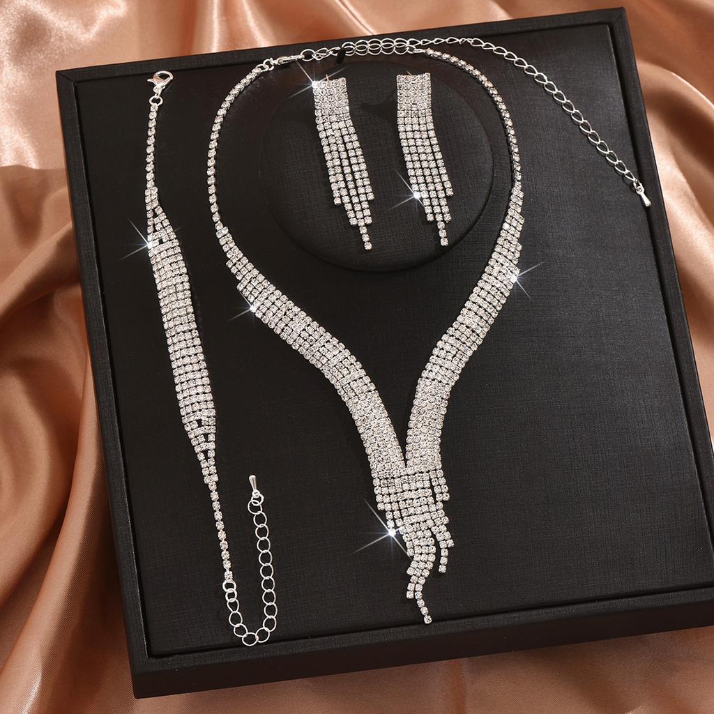 Fashionable Tassel Sparkling Rhinestone Necklace Earring Jewelry Set, Light Luxury Style High-end Jewelry Set