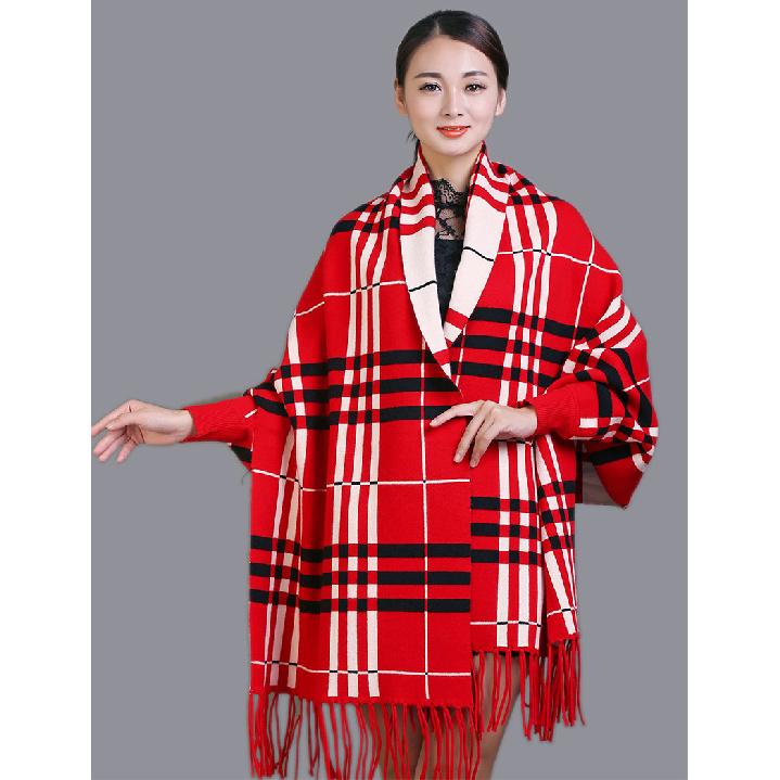 Winter Scarf, Knitted Shawl, Dual-use Multifunctional Plaid Coat for Women, Thickened with Tassels and Sleeves, Cheongsam Cape