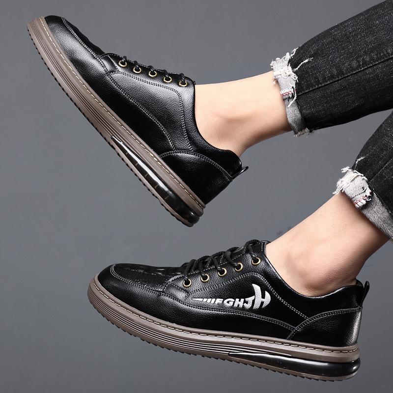 Cowhide Men's Shoes Men's Casual Leather Shoes Leather Men's Lace-up New Shoes Men's Trendy Inner Heightened Board Shoes Trendy