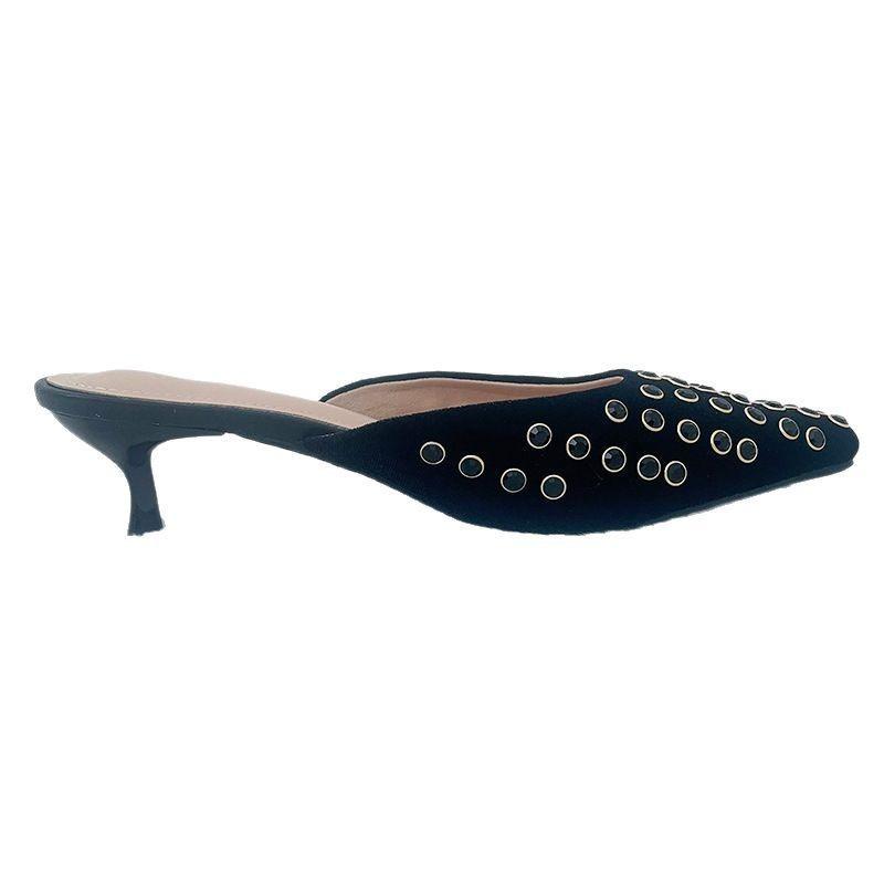 Summer New Rhinestone Pointed Thick Heel Sandals Women's Non-slip Soft-soled Breathable Versatile Bag Head Shoes