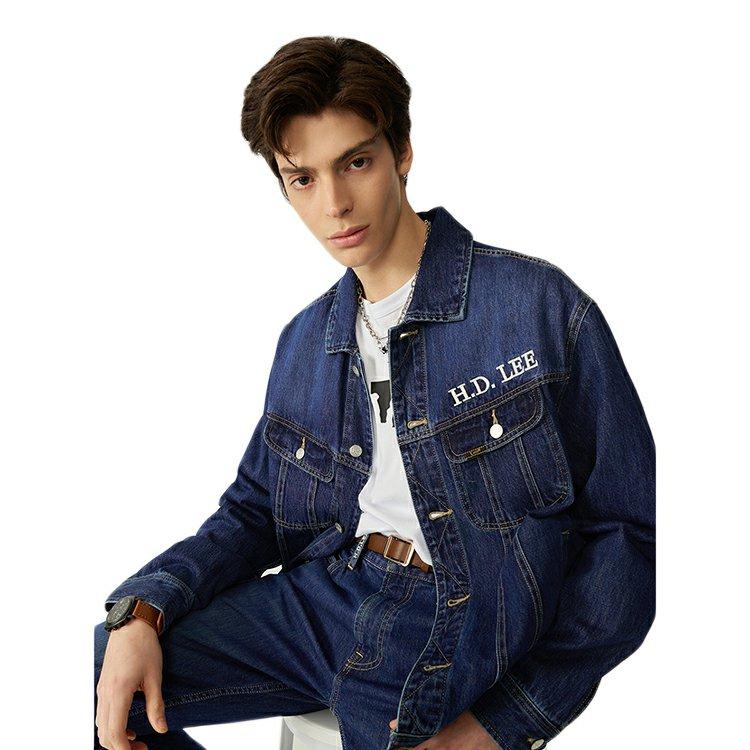 Lee SS23 Washed Vintage Letter Embroidered Single-Breasted Denim Jacket Men jackets Medium-Blue LMT004498101291A02860