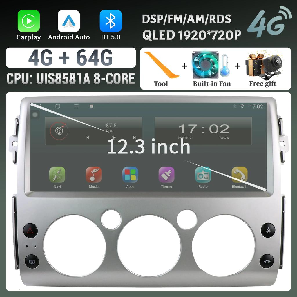 12.3" For Toyota FJ Cruiser 2007-2013 Car Radio Multimedia Navigation Wireless Bluetooth CarPlay 4G GPS Touch Head Unit Screen