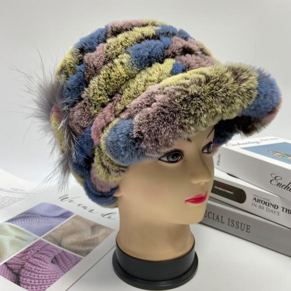 Winter Rabbit Fur Caps for Women Fox Fur Floral Natural Rex Fur Hats Elastic Beanies Warm Fashion Ladies Snow Hat LQ11205