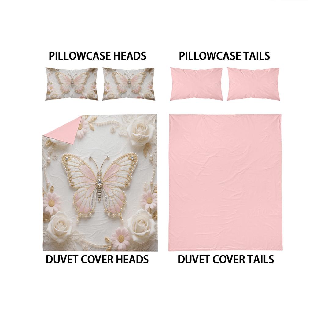 3-teiliges rosa Bettwäscheset ohne Kern mit Schmetterlingsdruck, verschiedene Größen, Schlafzimmer und Studentenwohnheime, bequem und maschinenwaschbar