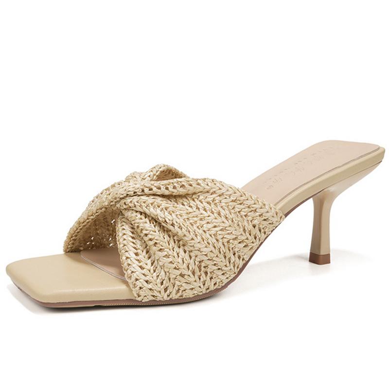 Fashion Fashion Women's Sandals Mule Heels Square Toe High-heeled Sandals Woman Summer Shoes Weaving Design High Heels Stiletto 6.5 CM