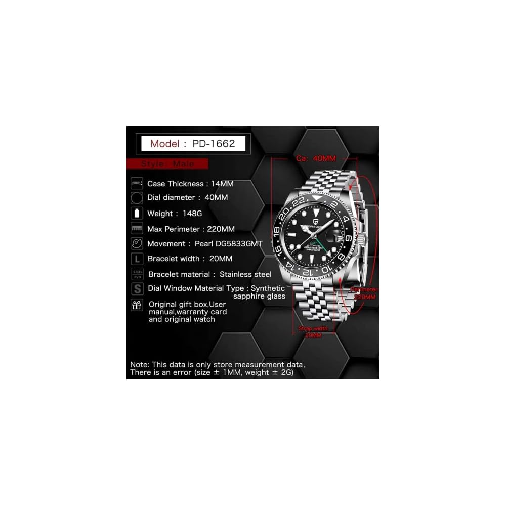 Pagani Design Men's Automatic Diver's Watch GMT Hand Stainless Steel Case Waterproof Ceramic Bezel Sapphire Glass Black PD-1662