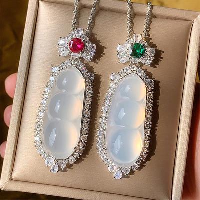 Jewelry Pendant Inlaid With White Ice Chalcedony String Beans Necklace Temperament Jade Pendant Pendant Female
