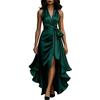European and American new women's satin V-neck sleeveless waist ruffle edge temperament dress women