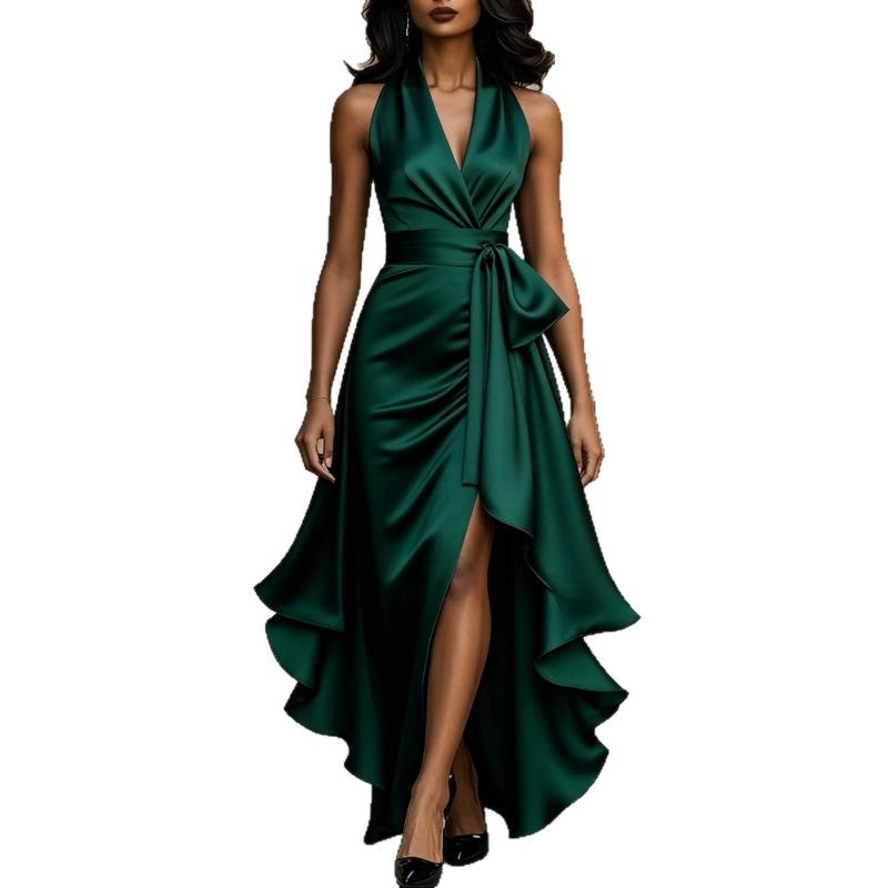 European and American new women's satin V-neck sleeveless waist ruffle edge temperament dress women