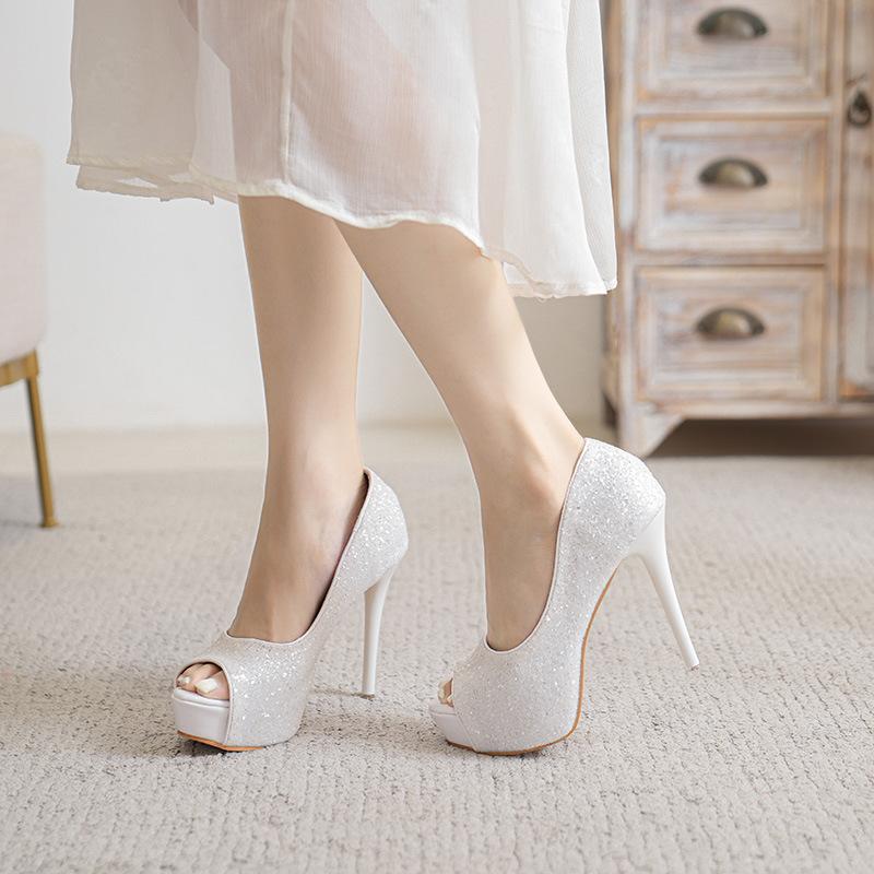 New Luxury Women's Fish Mouth High Heels Summer Fine Heels Waterproof Platform Fashion White sequined High Heels Women's Shoes