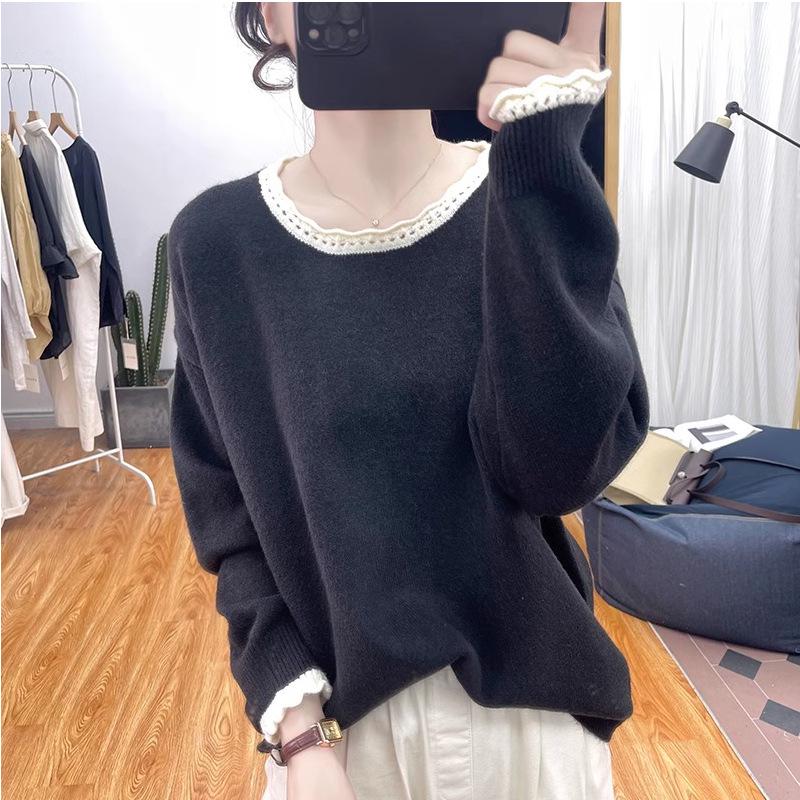 Damski sweter z koronkowym kołnierzykiem i kolorowym blokiem kolorów, odmładzający – jesień i zima, gruby, luźny krój, kolekcja 2025