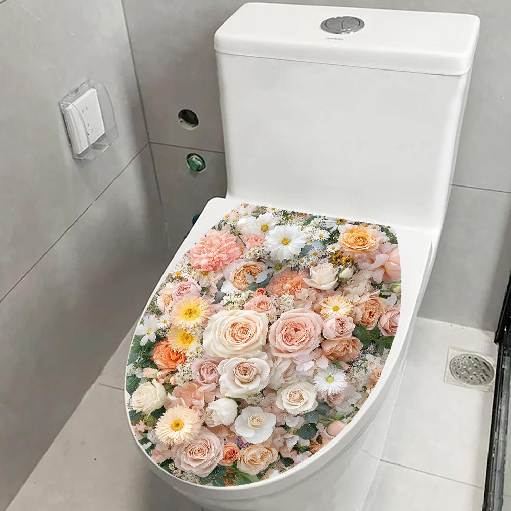 Flower Pattern Toilet Seat Cover Stickers, Bathroom and Toilet Decoration Stickers, Waterproof Toilet Stickers