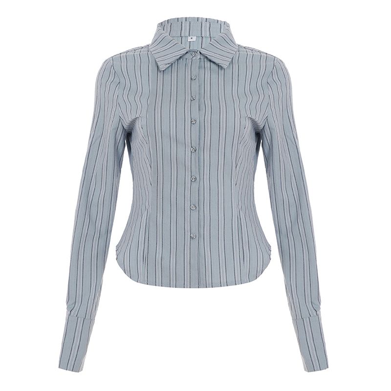 

H s European and American Women s Clothing Siren High JGG Blue Stripes Lapel Breasted Shirt Waist-Tight Elegant Ol Commuter Top Blue L