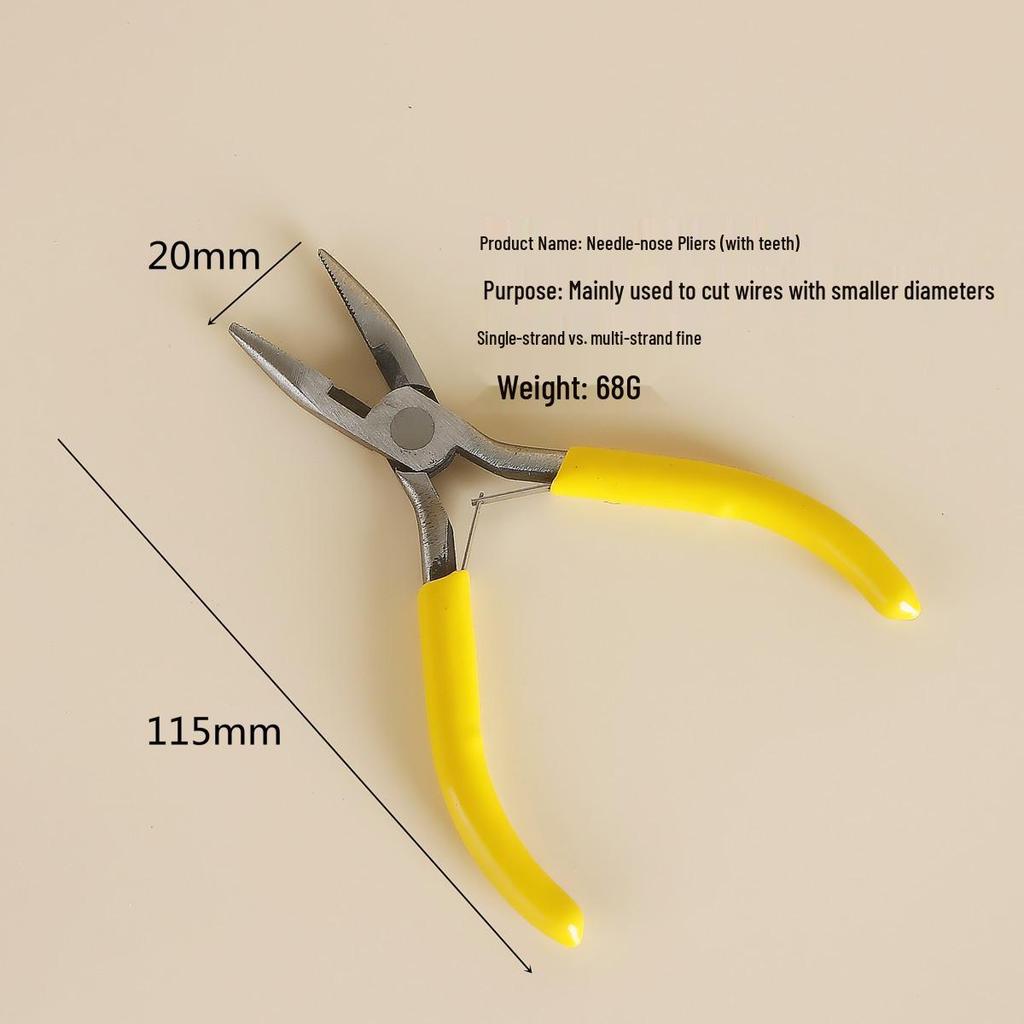 Handmade Beading Pliers Set: Round Nose, Steel Diagonal Cutting, and 9-Needle Pliers.