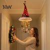 Decorative Hanging Ornaments for Ceiling Lighted Santa Hat Chandelier, Warm LED Christmas String, Sequined Cone Pendant Decor with Holiday Chandelier