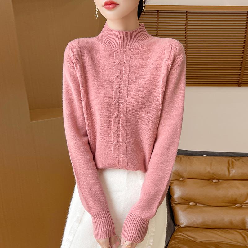 

High Neck Jacquard Wool Sweater - Autumn/Winter Chic Commuter Style Solid Color Pullover for Women Large