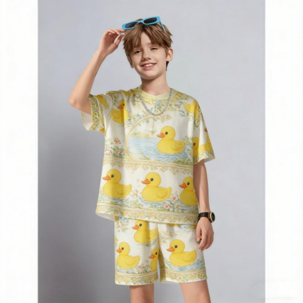 Men's Set Cartoon Animal Duck Printed Men's T-shirt and Shorts 2 Piece Set Summer Casual Outdoor Men's and Women's Outfit Clothing