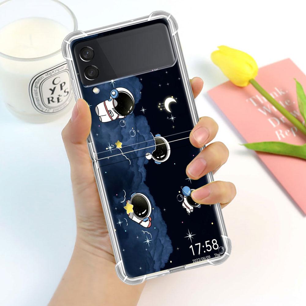 Luxury Case For Samsung Galaxy Z Flip 3 4 5G Funda Z Flip3 Clear PC Hard Shockproof Back Phone Coque Shell Astronaut Universe