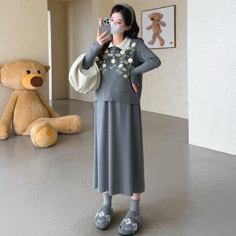New Korean-Style Maternity Knit Skirt & 3D Jacquard Vest Set 2XL