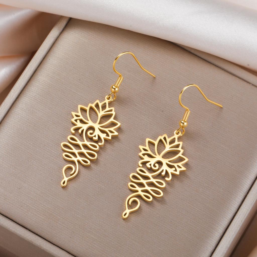 My Shape Hollow Lotus Flower Drop Earrings for Women Girls Stainless Steel Retro Unalome Earring Yoga Fashion Amulet Jewelry