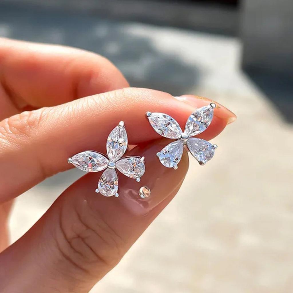 Four Marquise Cut Cubic Zirconia Form Mini Butterfly Shape Women Stud Earrings