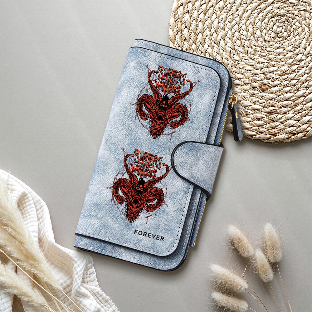 Gothic Baphomet Print Leather Wallet Long Card Holder Zipper Purse for Women