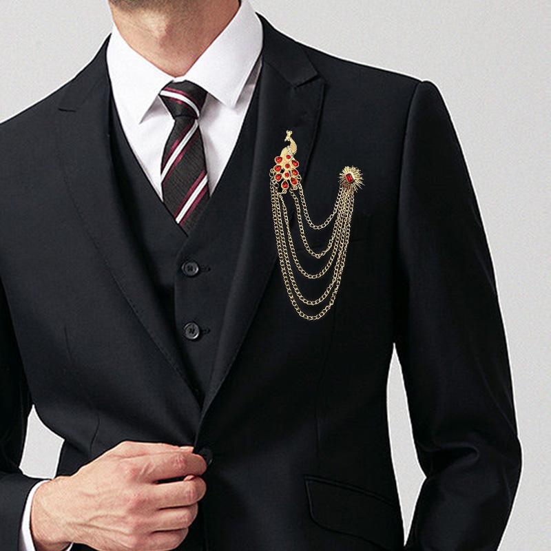 1PC Peacock Suit Accessories Chain Tassel Collar Pins Vintage Men Women Crystal Corsage Brooch Pin