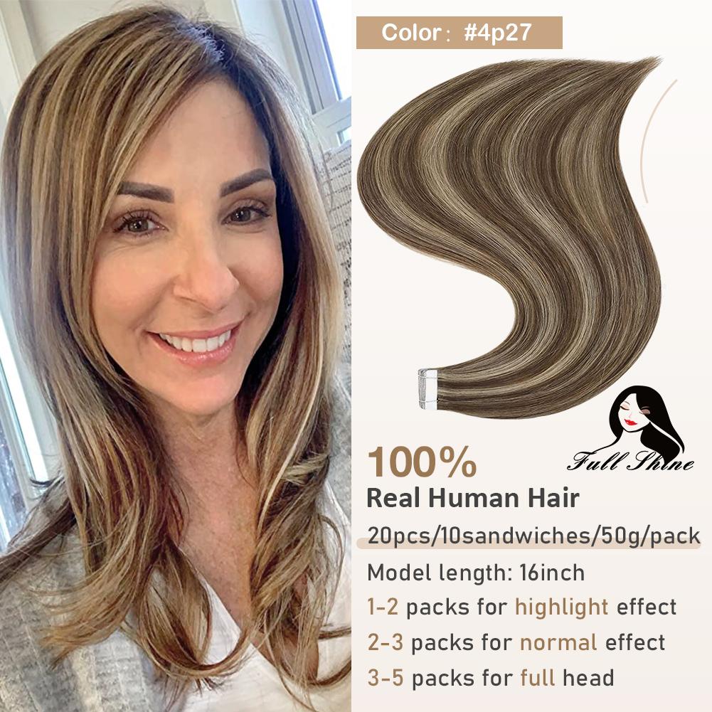Full Shine Tape in Hair Extensions Remy Human Hair Balayage Highlights Natural Hair For Salon