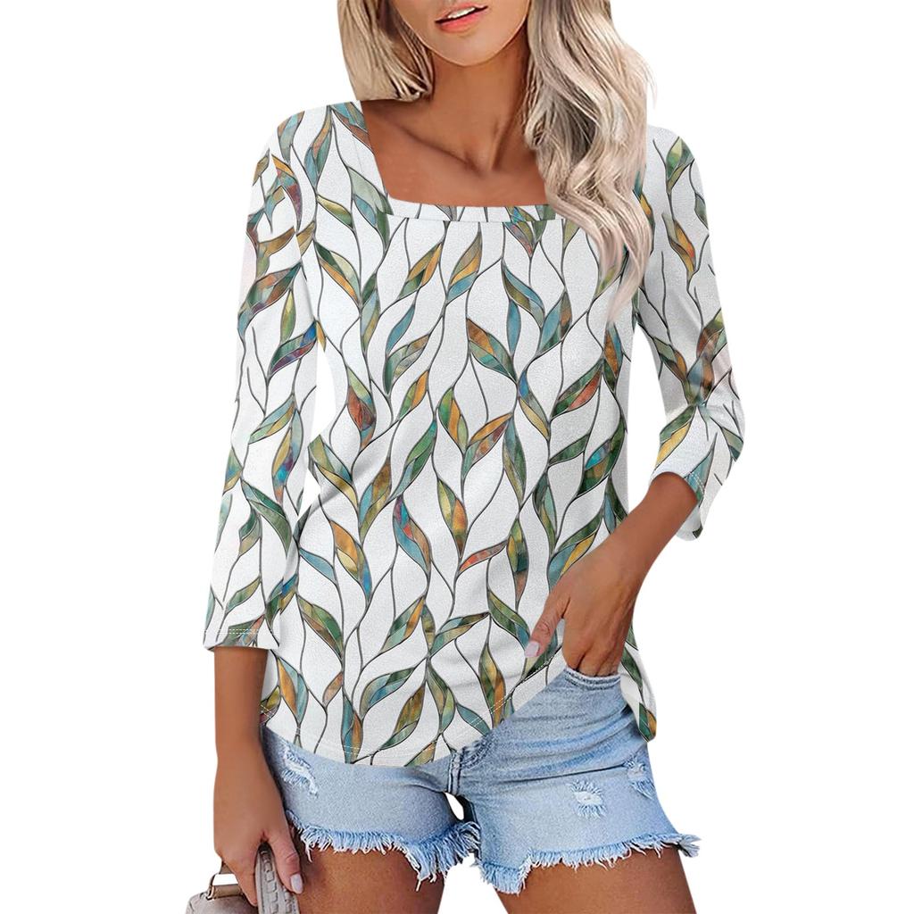 Women's 3/4 Sleeve Square Neck Floral Shirt Casual Loose Tunic Top