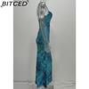BITCED Spring Women's Fashion: Sensual Printed Strappy Waist-cinching Bodycon Maxi Halter Neck Dress