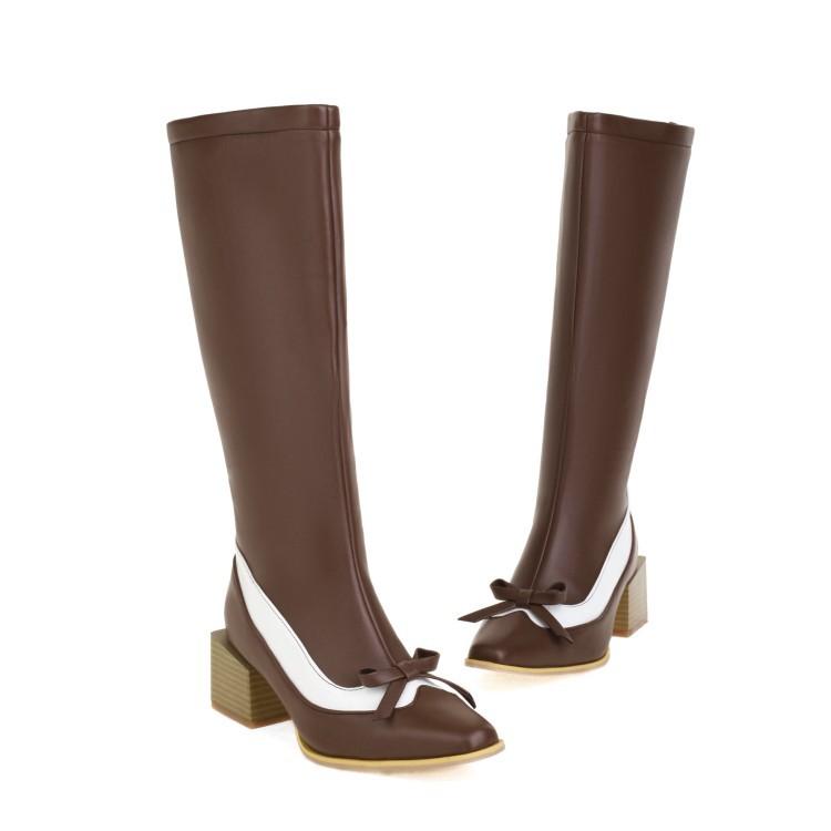 

Черно-белые с цветной отделкой рыцарские сапоги толстый каблук острый носок бант молния высокие сапоги 39 коричневый