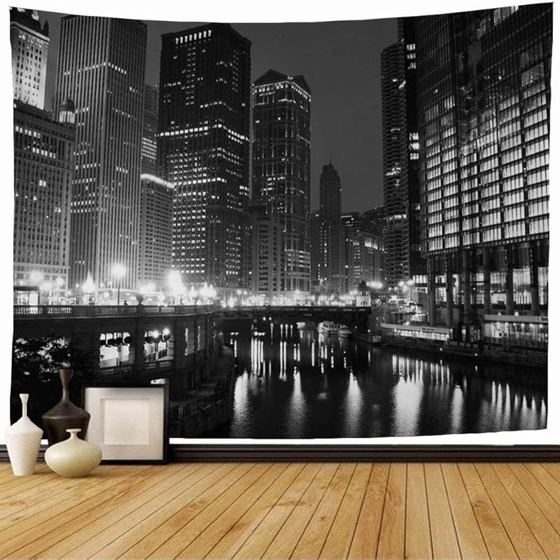 Starogs Tapestry Madison Downtown Chicago Mercury Black White Finance Avenue High People Cityscape Drop Office City Wall Tapestry Wall Decor Blanket 60L  x 50W