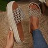 Fashion Straw Hemp Rope Simple Middle Heel Slippers Hollow Sexy Thick Bottom Casual Beach Slippers