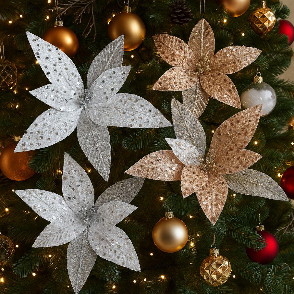 Sequin Mesh Christmas Artificial Flowers 25cm Poinsettia Flower  Festive Decoration