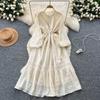 French Court Style Bubble Sleeve Dress Women's Autumn Hollow Crochet Drawstring Waist Temperament Beautiful and Chic Long Dress