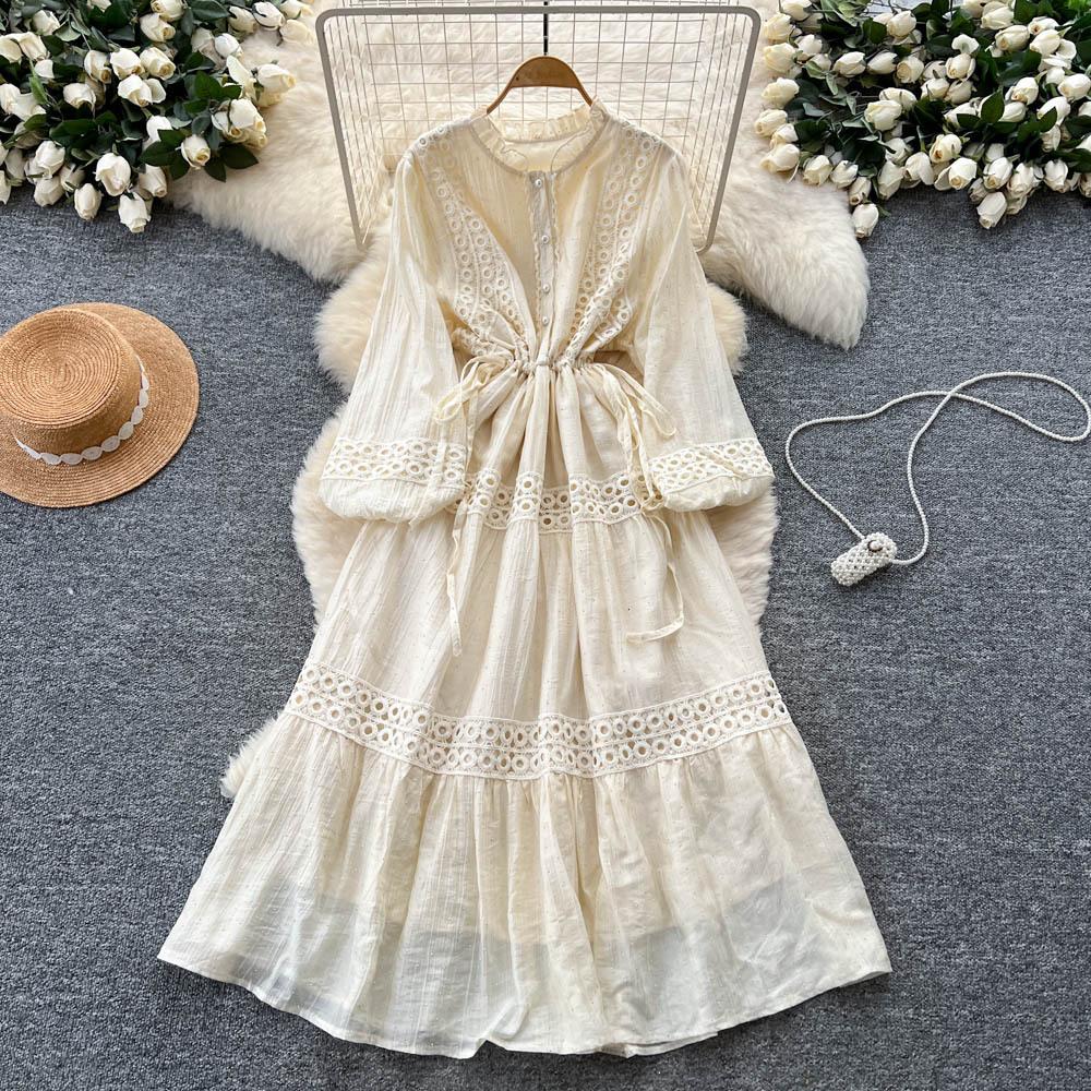 French Court Style Bubble Sleeve Dress Women's Autumn Hollow Crochet Drawstring Waist Temperament Beautiful and Chic Long Dress