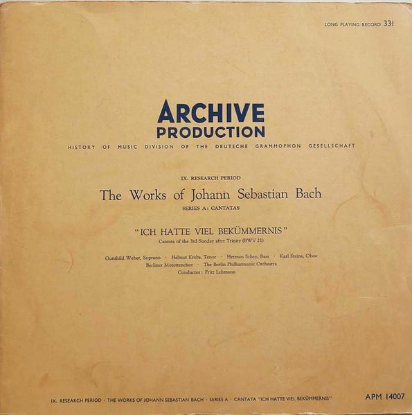 

LP Record JOHANN SEBASTIAN BACH GUNTHILD WE Ich Hatte Viel Bekmmernis Cantat APM14007 Archive Product 1955 UK Classical Used