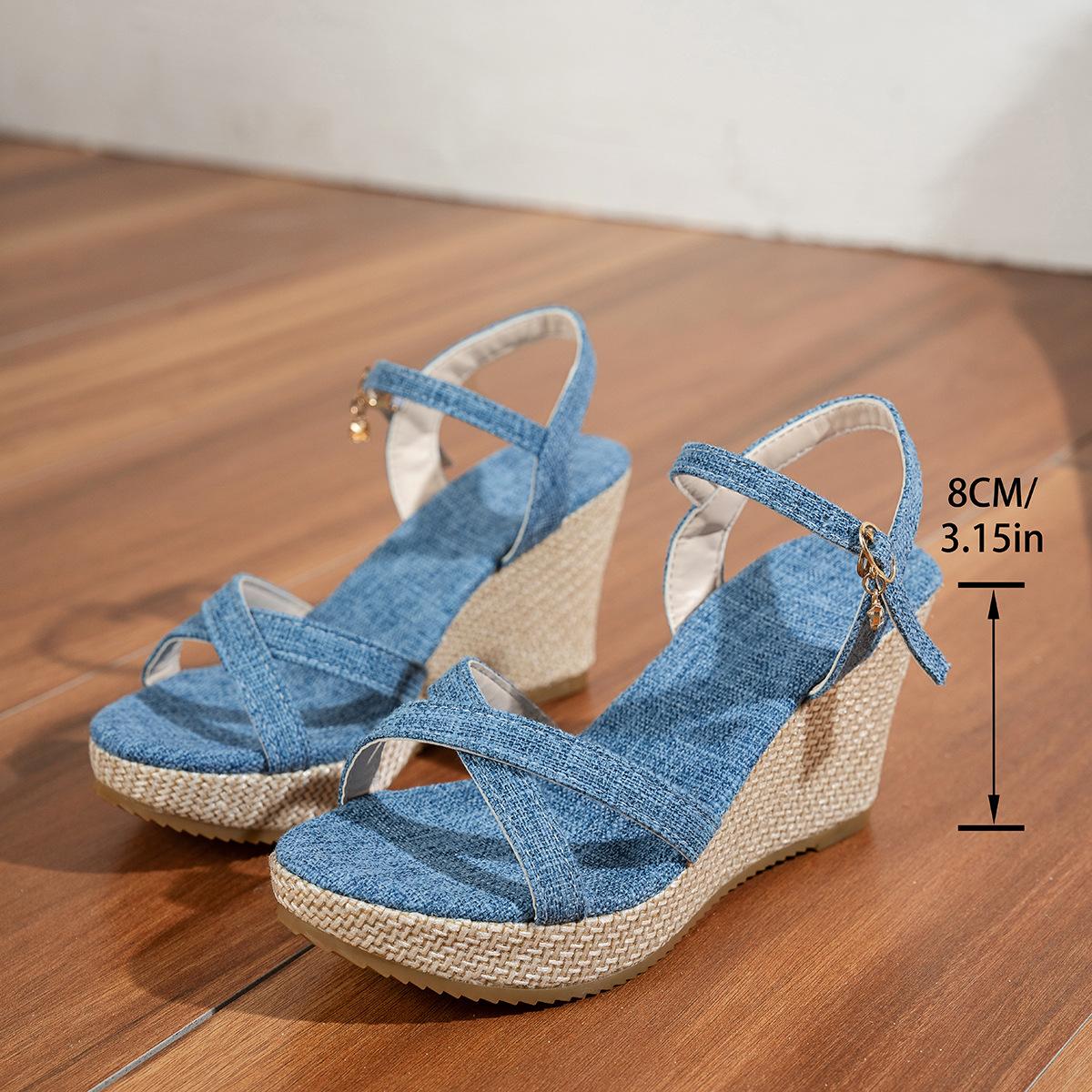 

Large size thick-soled wedge heel one-word buckle sandals, new summer fish mouth wear open-toed beach sandals 43 синий