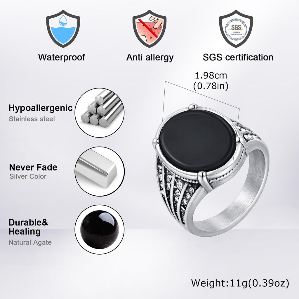 Vintage Geometric Natural Stone Rings for Men Black Oval Onyx Stainless Steel Ring Textured Signet Fashion Punk Jewelry Gift
