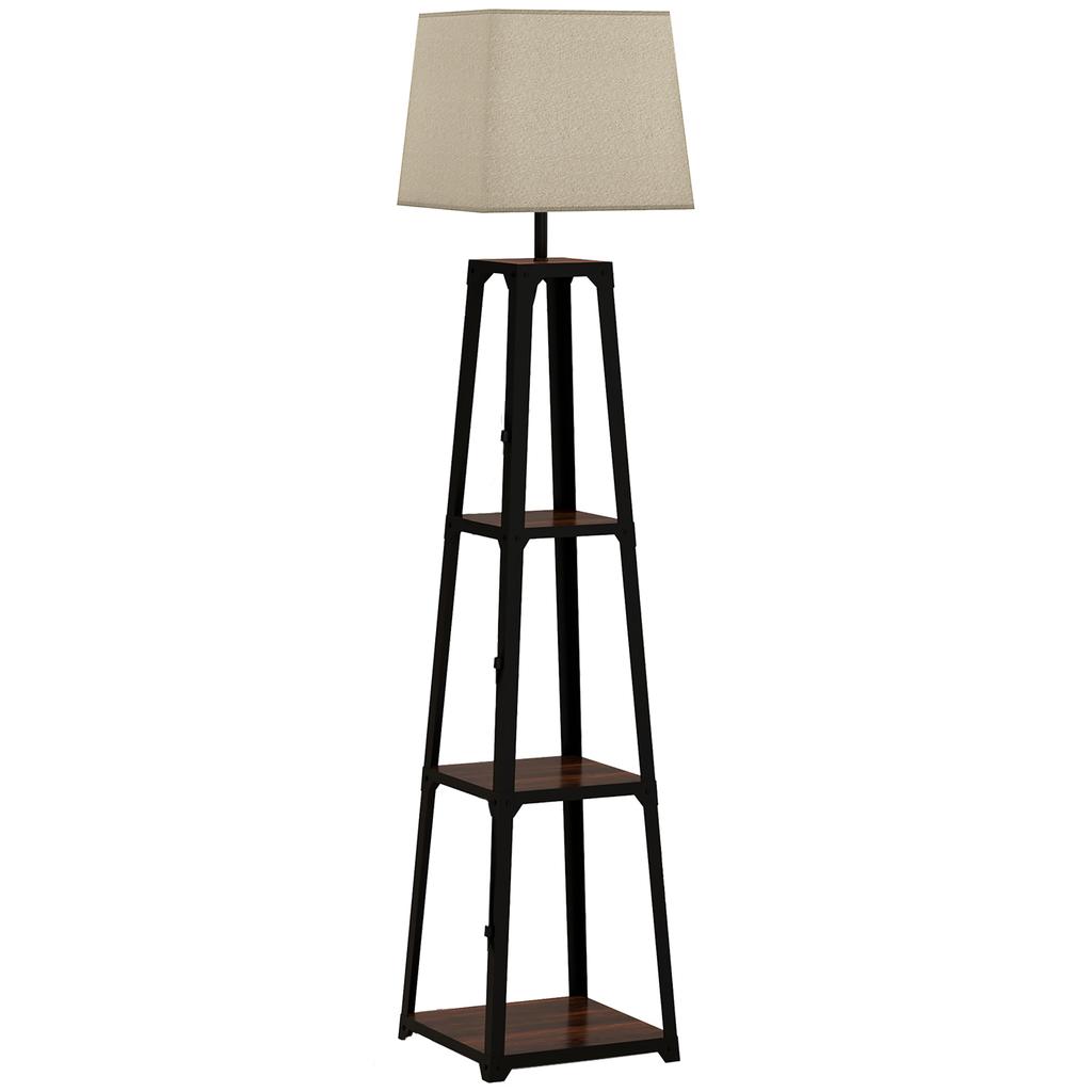 Floor Lamp In Metal and MDF with 3 Shelves with Fabric Shade, Diameter 42x166 Cm, Black and Beige