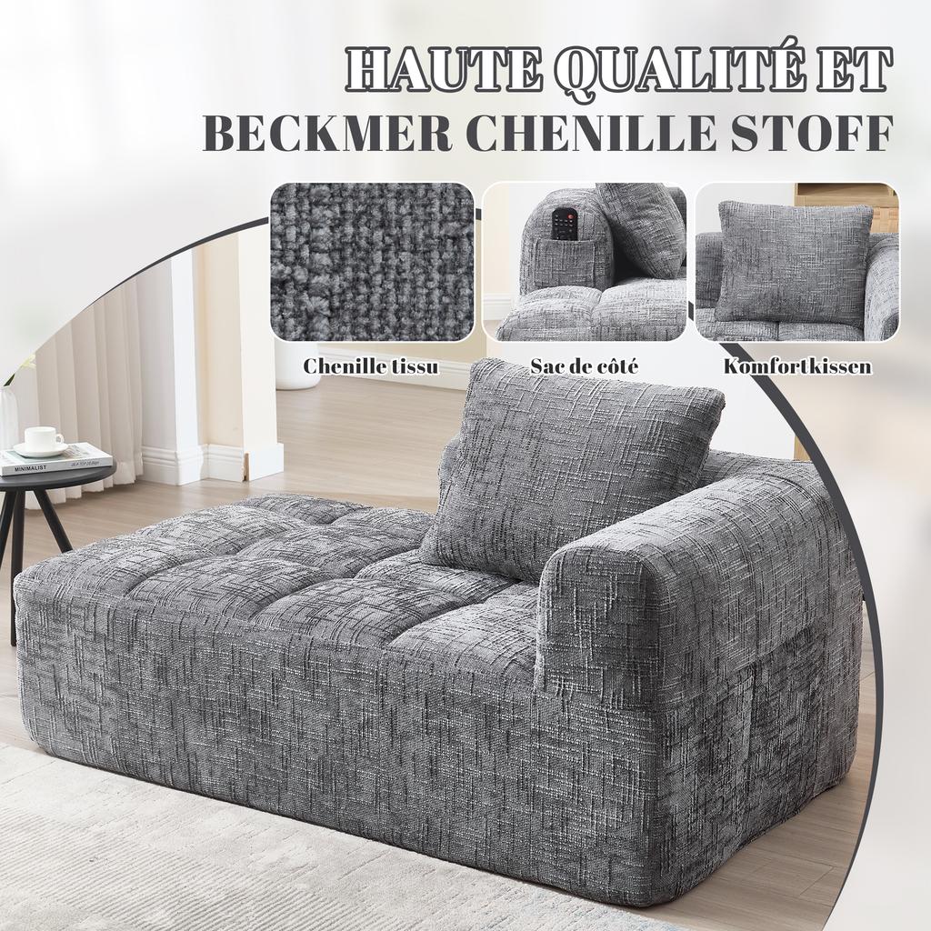 Comfortable Chaise Longue Sofa, No Assembly Required, Soft Sofa with Cushion, Side Pockets for Remote Control and Mobile Phone, Neat and Stylish, Gray