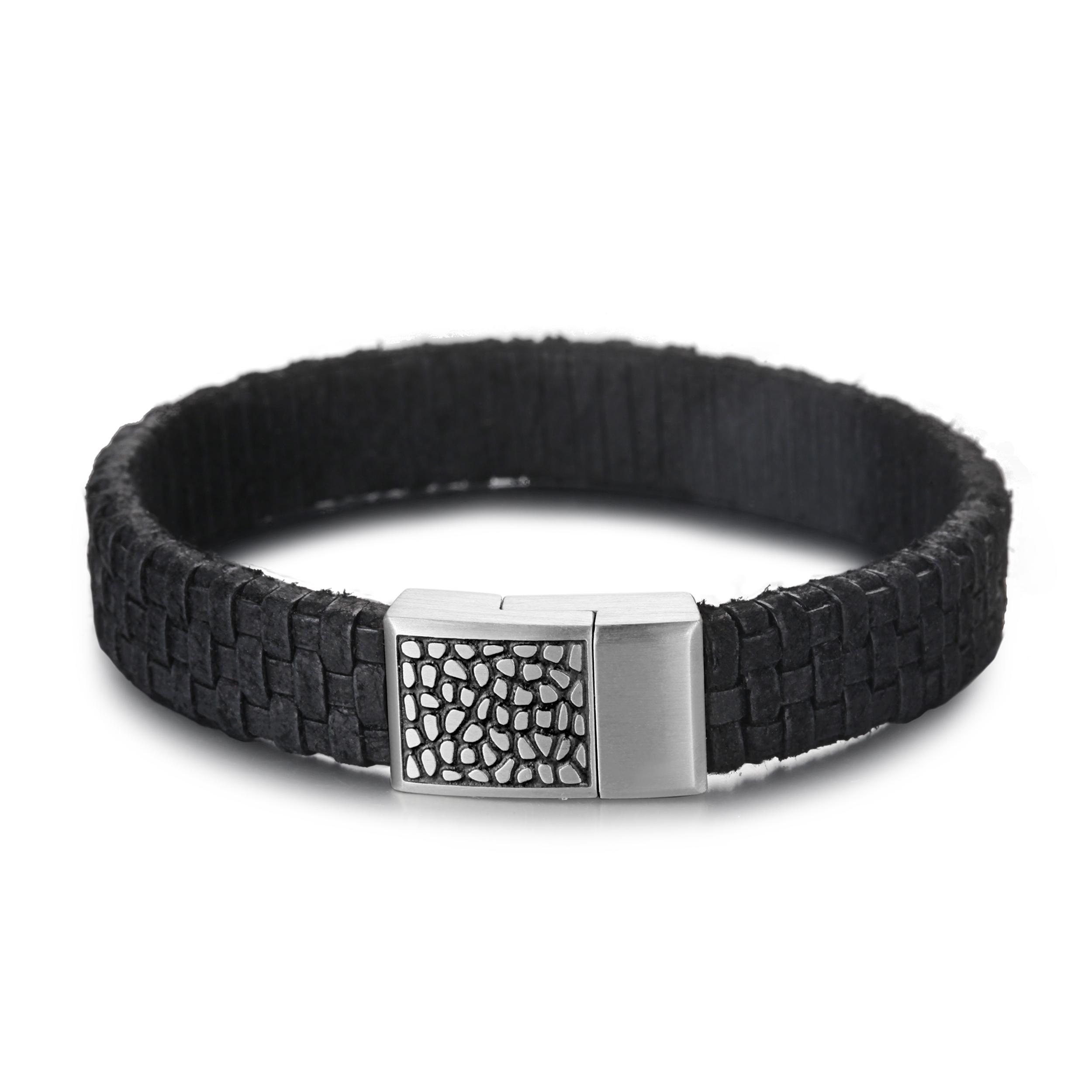 

REPTILE LEATHER BRACELET stainless steel reptile design bracelet with black woven genuine italian leather