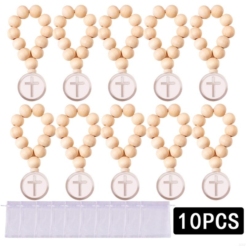 Wooden Rosary Bulk Catholic Prayer Rosary Beads with Crosses Pendants Mesh Bag Baptism First Communion Baby Shower A0KF