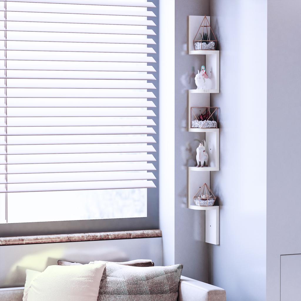 Corner Wall Shelf, 5-Tier, 120 cm High, Zigzag Shape, White Wood