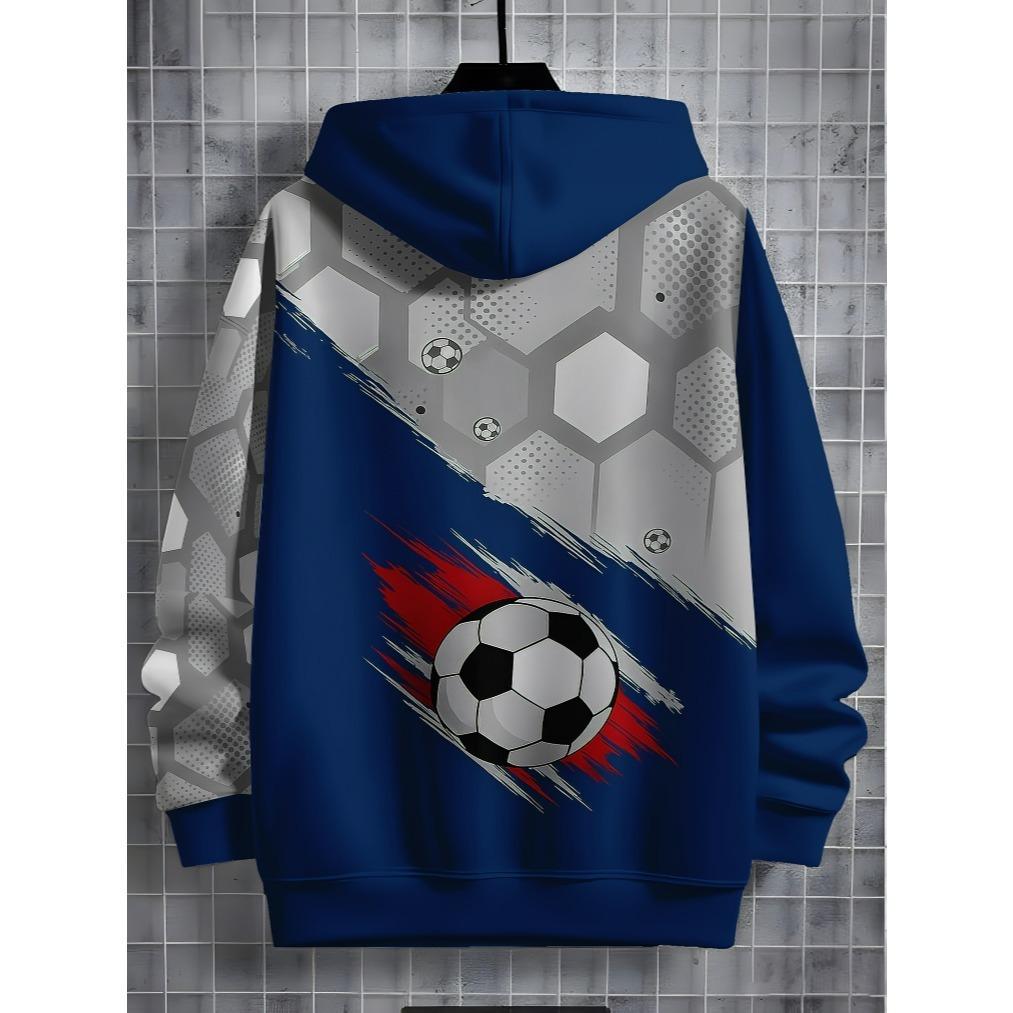 Boys' fashionable 3D printed football pattern, comfortable and versatile long sleeved hooded top for children